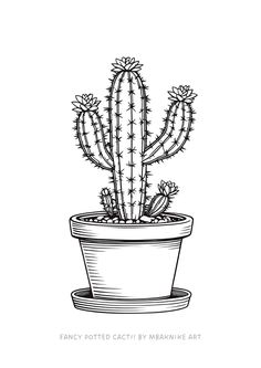 a black and white drawing of a cactus in a pot