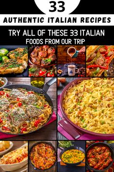 an advertisement for italian cuisine with pictures of different dishes and ingredients in it, including pasta