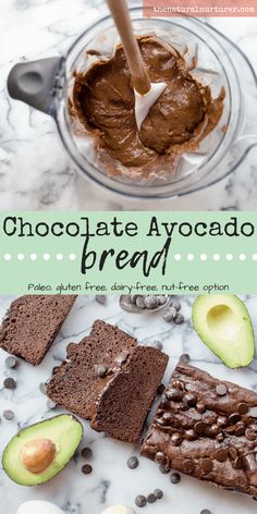 chocolate avocado bread in a glass bowl with an avocado on the side