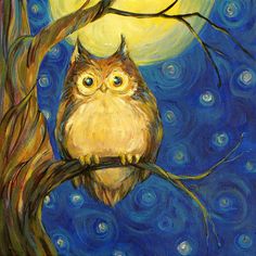 an owl sitting on a tree branch with the moon in the background