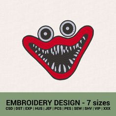 the embroidery design features an evil face with big eyes and large teeth, which are outlined in red