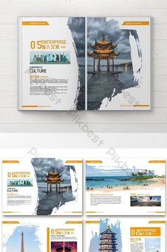 a brochure is shown with an image of the beach and pagoda in the background