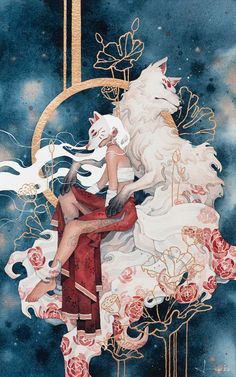 a woman sitting on top of a white wolf next to a red and pink flower