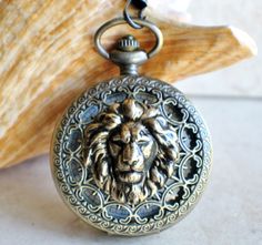 Lion Battery Operated Pocket Watch in Bronze - Char's Favorite Things - 2 Large Locket, Saint Helens, Men's Gifts, Nice Face, Mechanical Pocket Watch, Lion Pendant, Large Numbers, Assemblage Jewelry, Pendant Watches