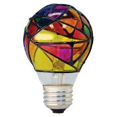 a colorful light bulb sitting on top of a white table