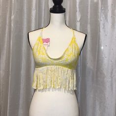 Raisins Bikini With Fringe Bra Fitted Fringe Swimwear For Vacation, Spring Poolside Fringe Swimwear, Beach Season Fringe Swimwear, Bohemian Bra-friendly Swimwear, Sleeveless Fringed Beachwear Cover-up, Vintage Fringe, Raisin, Yellow White, Womens Swim