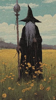 an old wizard sitting in the middle of a field with a lamp on his head