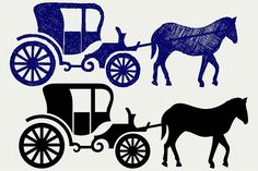 the silhouettes of two horses pulling a carriage and a horse drawn carriage are shown