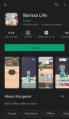 the app for barista life is shown on an iphone screen, and it appears to be playing games