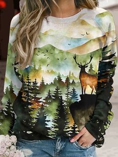 Lilicloth.com offers stylish and concessional Sweatshirts.. SPU: 1W61PSW8I0255, Color: As Picture, Material:Polyester, Thickness:Regular. Mountain Art Print, Autumn Halloween, Mountain Art, Hoodie Top, Casual Women, Crew Neck Sweatshirt, Womens Tops, Sweatshirts Hoodie, Crew Neck