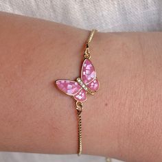 Nwt New Beautiful Butterfly Bracelet Pink Mosaic And Gold Bracelet Adjustable Sizing! Fits Almost Anyone Up To 9inch Wrist! Pink Adjustable Chain Bracelet, Pink Dainty Bracelet With Adjustable Chain, Dainty Pink Bracelets With Adjustable Chain, Dainty Pink Bracelet With Adjustable Chain, Pink Adjustable Charm Bracelet, Pink Adjustable Chain Charm Bracelet, Pink Jubilee Bracelet Jewelry For Friendship, Dainty Pink Jubilee Bracelet, Pink Bangle Bracelets For Gifts