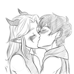 a drawing of two people kissing and one has horns on his head, while the other is