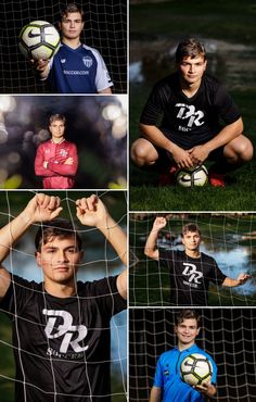 four different shots of a young man holding a soccer ball in front of a net