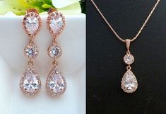 ROSE Gold Bridal Earring Necklace SET Wedding Jewelry SET Pink Gold Cubic Zirconia Jewelry Set Pear-shaped Rose Gold Cubic Zirconia Jewelry, Rose Gold Cubic Zirconia Teardrop Earrings For Gift, Pink Jewelry Set, Rose Gold Bridal Earrings, Bridal Earring, Bracelet Rose Gold, Wedding Jewelry Set, Gold Bridal Earrings, Rose Gold Bridal