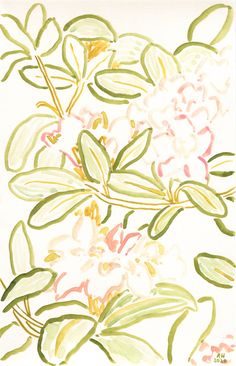 watercolor painting of flowers and leaves on white paper with green, pink, yellow and orange colors