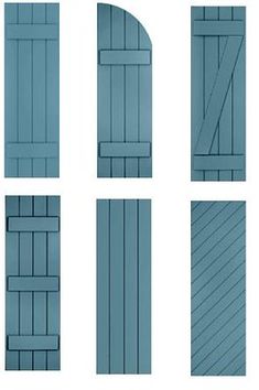 several different types of doors and windows with shutters on each side, all in shades of blue