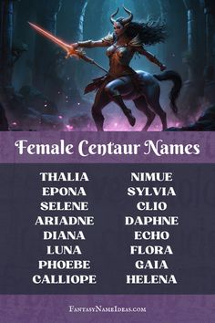 the female centaur names in front of an image of a woman on a horse