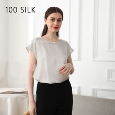 Women's Short Sleeve Round Neck Silk T-shirt - PandaSilk Silk Shirt Blouses, Summer Office Wear, Silk Clothing, Blouse Elegant, Silk Tee, Silk T Shirt, Office Wear Women, Silk Outfit, Sleeves Top