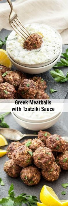 greek meatballs with tzatziki sauce and lemon wedges on the side