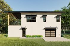 a two story white house with black garage doors and windows on the second floor is surrounded by green grass and trees