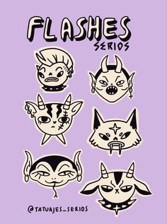 various stickers with different faces on them, including cats and demon's heads