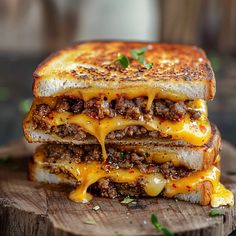 a grilled cheeseburger on a wooden board