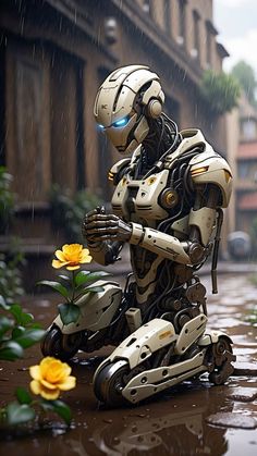 a robot sitting on the ground next to a yellow flower in front of a building