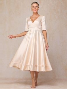 Champagne Mother Of The Bride Looks, White Wisteria, Dusty Rose Dress, Sleeves Dress, Half Sleeve Dresses, Mother Of The Bride Dress, Tea Length Dresses, Dress Purchase, Bride Look