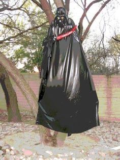 a darth vader statue hanging from a tree