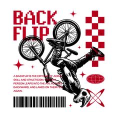 a man riding a bike on top of a red and white checkered background