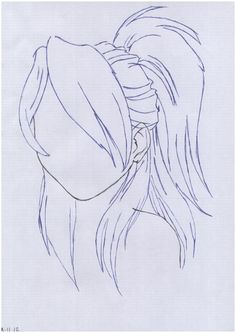 a drawing of a woman's head with her hair tied in a ponytail and wearing a hat