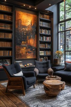 a living room filled with furniture and bookshelves next to a large painting on the wall