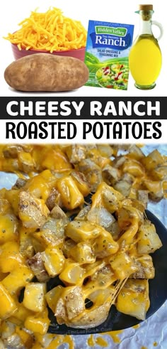 cheesy ranch potatoes in a blue bowl with cheese on the side and an image of