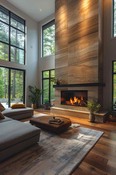 40 Fireplaces With Windows on Each Side for Modern Spaces Fireplace Ideas Board And Batten, Modern Fireplaces Ideas Living Rooms, Vaulted Fireplace Ideas, Living Room With Dark Floors Hardwood, Bathrooms With Fireplaces, Modern Living Room With Fireplace And Tv, Fireplace Contemporary Design, Vaulted Ceiling Fireplace Built Ins, Cozy Modern Fireplace