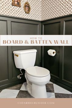 a white toilet sitting inside of a bathroom next to green cabinets and a checkered floor