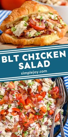 a chicken salad on a blue and white plate with the words, blt chicken salad