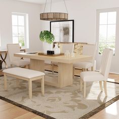 a dining room table with chairs and a bench