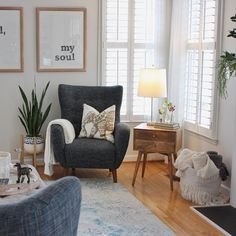 a living room filled with furniture and pictures on the wall next to a fire place