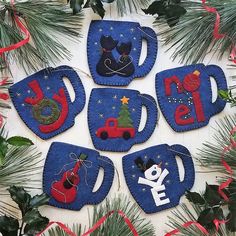 Merry Mug Downloadable Pattern by Rachels of Greenfield Creamy Hot Chocolate, Wool Applique Kits, Steaming Coffee, Wool Felt Fabric, Wool Applique Patterns, Applique Kit, Christmas Felt, Felt Embroidery, Ornament Kit