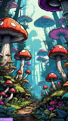 an image of mushrooms in the forest with blue sky and green trees behind them, digital painting