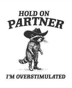 a raccoon wearing a cowboy hat with the words hold on partner i'm overstimulated