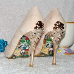 Disney Heels, Diy Heels, Disney Stained Glass, Beauty And Beast Wedding, Beauty And The Beast Theme, Custom Stained Glass, Disney Shoes, Happy Ending