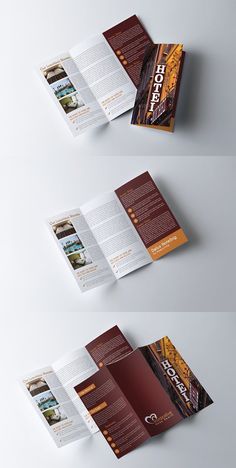 three folded brochures are shown on top of each other, with an orange and brown design