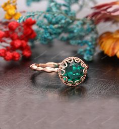 "Vintage Emerald Ring, Round Cut 8mm Emerald Engagement Ring, Lace Bezel  Wedding Ring, May Birthstone Ring, Stackable Ring, Anniversary Gift ✿ Metal: 14K Gold (White/ Yellow/ Rose Gold), we can also make the ring in 18K gold or Platinum, contact us if you want! -----「Engagement Ring Details」----- * Center Stone: (Lab Created) Emerald  * Color: Green - 5A * Clarity: VVS * Stone Shape: Round Cut * Stone Weight: Approx. 2.00 CT * Side Stone: None * Band Width: 2.1mm √ CUSTOM √ PAYMENT PLAN √ ENGRAVING  Production Time  The process of making this order is 2-3 weeks for the hand made production and shipping. The reason it takes that amount of time is because I start making them from scratch once the order is received. We prefer to give my retail customers a more \"fresh from the oven\" jewelry Emerald Crystal Ring With Center Stone, Emerald Ring With Halo Design For May Birthstone, Round Emerald Ring With Halo Design For May Birthstone, Emerald Ring With Bezel Setting For Anniversary, Emerald Promise Ring With Bezel Setting And Round Band, Emerald Bezel Setting Ring For Wedding, Emerald Jewelry With Bezel Setting In Round Band, Round Emerald Ring With Halo Setting For Promise, Anniversary Emerald Ring With Halo Design