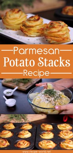 some food that is sitting on top of a pan and in front of the words, parmesan potato stacks recipe