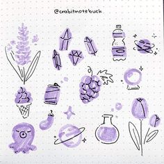 an open notebook with drawings on it and some writing in purple ink next to each other