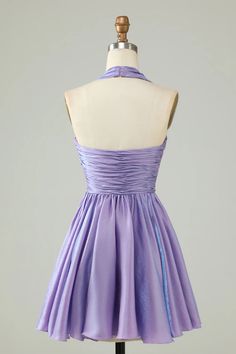 Purple Halter Open Back Sleeveless A Line Homecoming Dress Short Purple Halter Dress, Cheap Purple Halter Neck Mini Dress, Purple Satin Halter Neck Dress, Purple Pleated A-line Dress, A Line Homecoming Dress, Purple Chiffon Sleeveless Mini Dress, Purple Dress Short, Purple Homecoming, Halter Homecoming Dress