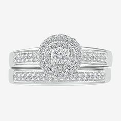 Ring Style: Bridal Sets, Engagement Rings, Halo Rings, Side Stone Rings# Pieces In Set: 2Diamond Clarity: I3Setting: ProngShape: RoundStone Cut: RoundDiamond Color: JMetal Color: WhiteCenter Stone Weight: Less Than 1/10 Ct.Ring Gallery Height: 4.5mmRounded Carat Weight: 1/3 Ct. T.w.Band Width: 2mmCare: Wipe CleanAuthenticity: Natural DiamondMetal: Sterling SilverCountry of Origin: Imported White Diamond Cut Jewelry For Marriage, White Diamond Ring With Hand Set, Anniversary Bridal Sets In White Gold, Hand Set White Diamond Ring, Classic Diamond White Hand Set Ring, Classic Hand Set Diamond White Ring, Diamond Bridal Sets With Halo Design, Classic White Bridal Sets With Diamond Cut, Classic Hand-set Diamond White Ring