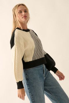 Colorblock cable knit sweater. Round neckline. Long bishop sleeves. Drop shoulder. Ribbed knit neckline, cuffs and hem. Natural waist length. Relaxed fit. 100% Polyester. Imported. Designed in LA. Model wears size S. Black Cable Knit Cropped Sweater, Long Sleeve Cropped Cable Knit Sweater, Long Sleeve Cable Knit Cropped Sweater For Layering, Long Sleeve Cropped Sweater With Cable Knit For Layering, Black Cable Knit Cropped Sweater For Fall, Black Long Sleeve Cropped Cable Knit Sweater, Oversize Sleeves, Vintage Canvas, Clothes Horse