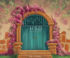 a painting of a green door with pink flowers on the outside and an arch over it